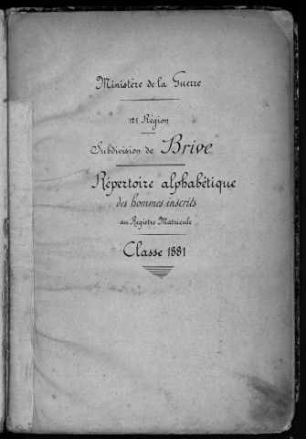 Classe 1881 : table alphabétique.