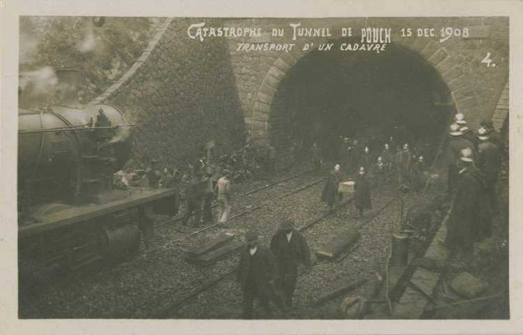 Allassac : "4. Catastrophe du tunnel de Pouch - 15 dec. 1908 - transport d'un cadavre".