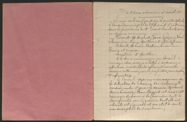 Cahier de délibérations du conseil municipal. 1910-1911