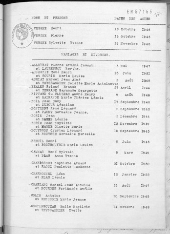 Tables décennales des mariages (1943-1952)