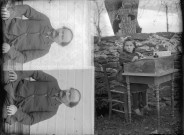 Deux portraits : homme assis et écolière à son pupitre.