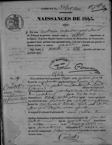 Naissances, mariages, décès (1843-1852)