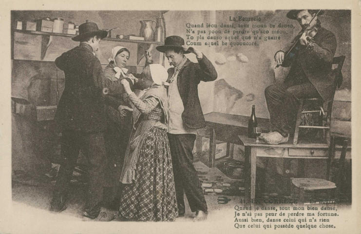 Folklore (scènes de) : "41. En Corrèze - La bourrée - Quand je danse, tout mon bien danse, Je n'ai pas peur de perdre ma fortune. Aussi bien, danse celui qui n'a rien, Que celui qui possède quelque chose.". texte en limousin.