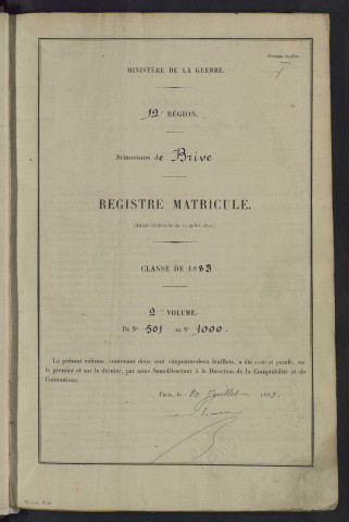Classe 1883 : matricules 501 à 1000.
