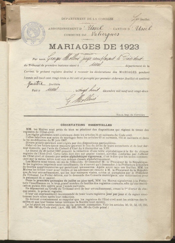 Naissances, mariages, décès (1923-1932).
