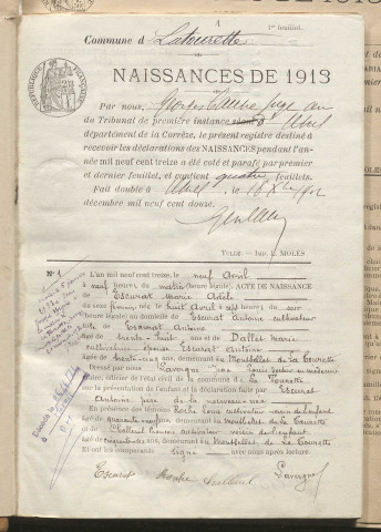 Naissances, mariages, décès (1913-1922).