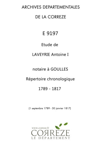Répertoire chronologique : 1 septembre 1789-30 janvier 1817