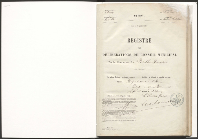 Délibérations du conseil municipal. 26 mars 1874-8 mai 1883