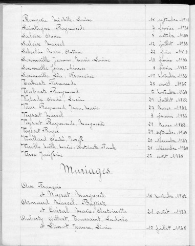 Tables décennales des mariages (1933-1942)