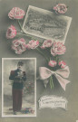 Tulle : "Souvenir du 100e. Rt d'infanterie Tulle". carte chromo représentant une vue générale dessinée de la caserne du Champ-de-Mars et le portrait en pied d'un soldat, des fleurs à la main.
