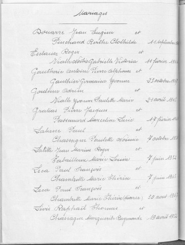 Tables décennales des mariages (1943-1952)