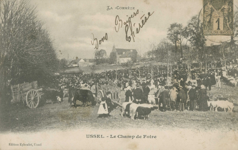 Ussel : "La Corrèze - Ussel - Le champ de foire". Timbre "Groupe allégorique Paix et Commerce Type Sage" à 1 ct, émission 1876-1880, carte taxée.