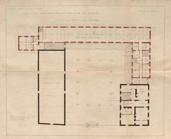 Voutezac, école d'arboriculture d'Objat-Voutezac (domaine de Murat).- construction et agrandissement : acquisition de la propriété (1919-1921), dossier de travaux et procès-verbaux d'adjudication, cahier des charges, correspondance, affiches d'adjudication (1922), travaux supplémentaires et plans (1923).