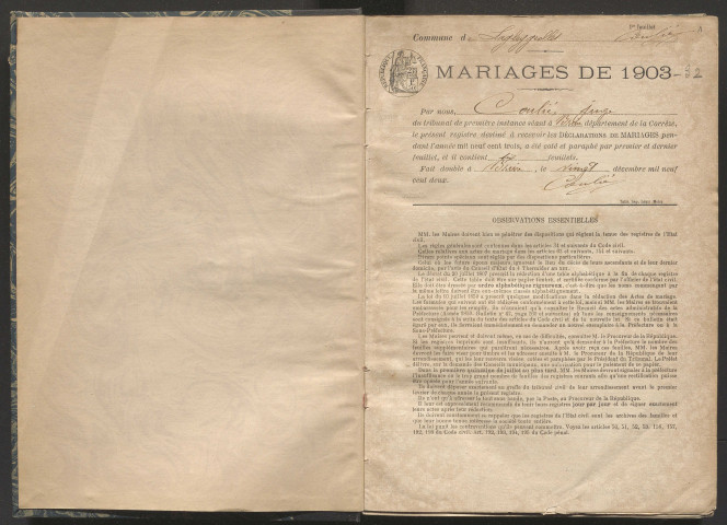 Mariages (1903-1932).