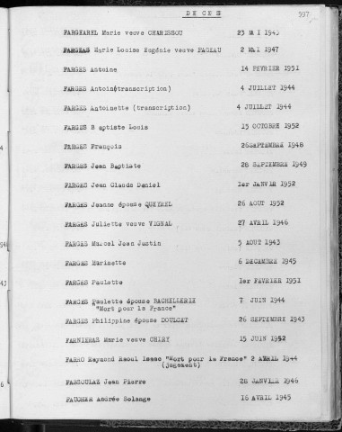 Tables décennales des décès (F à K). 1943-1952
