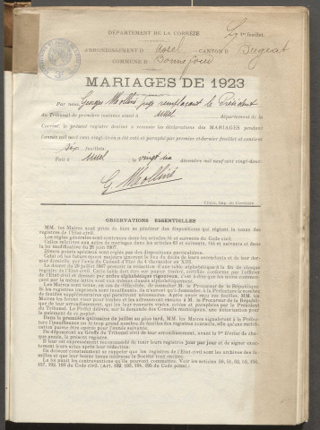 Naissances, mariages, décès (1923-1932).