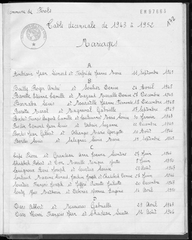 Tables décennales des mariages (1943-1952)
