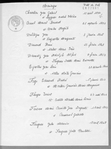 Tables décennales des mariages (1943-1952)