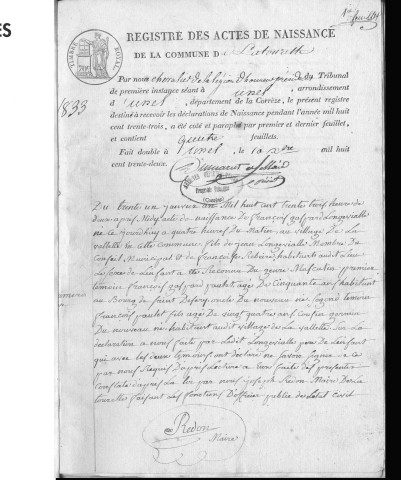 Naissances, mariages, décès (1833-1842)