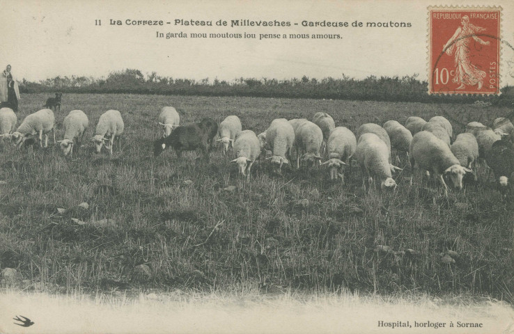 Folklore : "11 La Corrèze - Plateau de Millevaches - Gardeuse de moutons". Texte en langue limousine.
