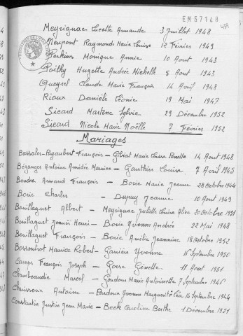 Tables décennales des naissances (1943-1952)