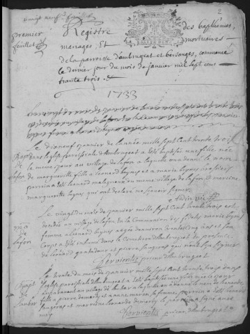 Baptêmes, mariages, sépultures (1733-1762)