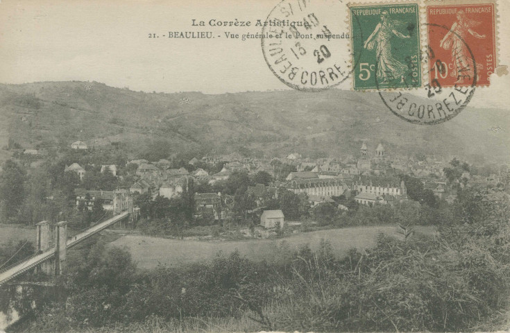 Beaulieu-sur-Dordogne : "La Corrèze artistique - 21. - Beaulieu - Vue générale et le pont suspendu".