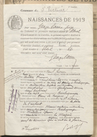 Naissances, mariages, décès (1913-1922).