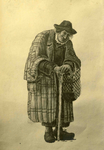 Vieille femme courbée, avec canne.
