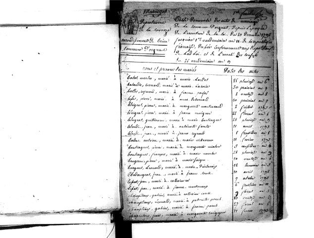 Tables décennales des mariages (1792-1802)