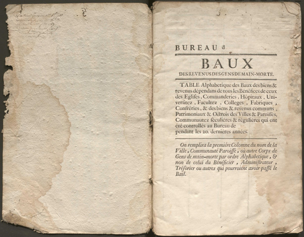 Table des baux et revenus des gens de mainmorte