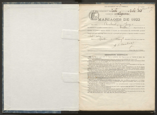 Mariages (1922-1932).