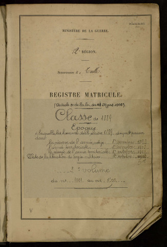 Classe 1889 : matricules 1001 à 1500.