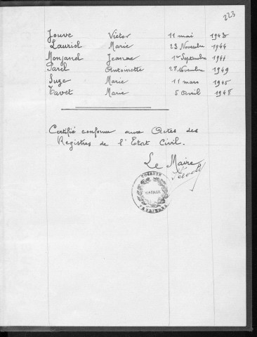 Tables décennales des naissances (1943-1952)