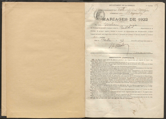 Mariages (1922-1932).