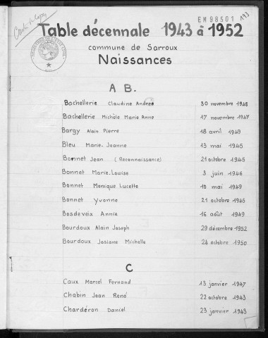 Tables décennales des décès (1943-1952)