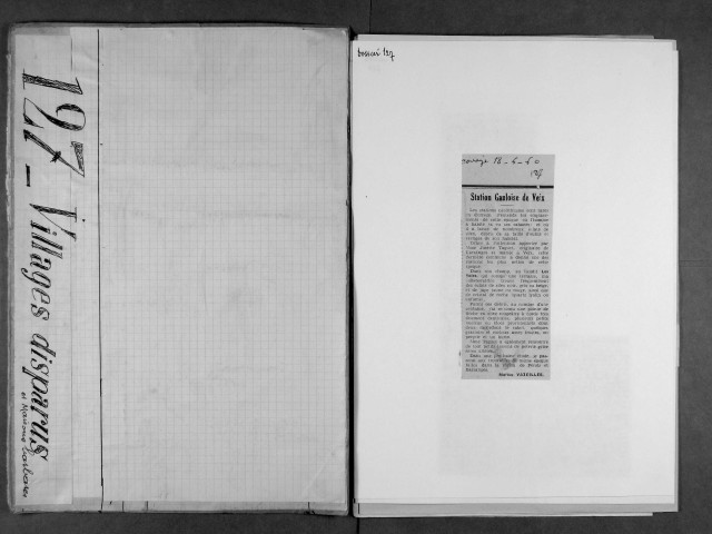 Inventaire archéologique : tableaux. Carte archéologique du plateau. Villages disparus : coupures de presse, notes, croquis.