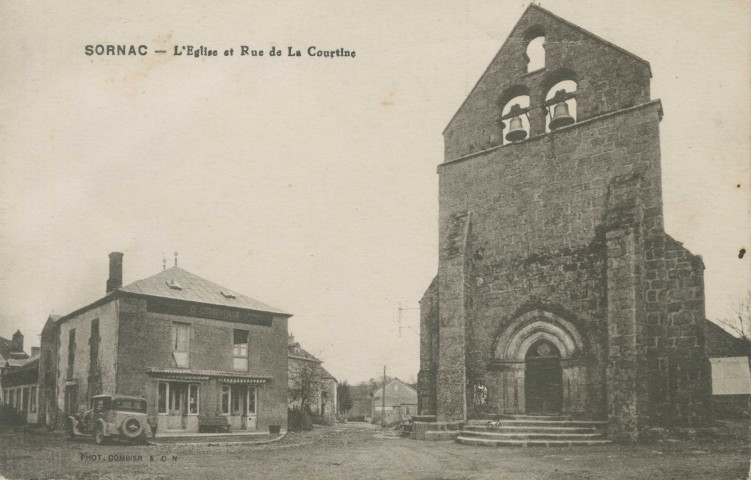 Sornac : "Sornac - L'église et rue de la Courtine".