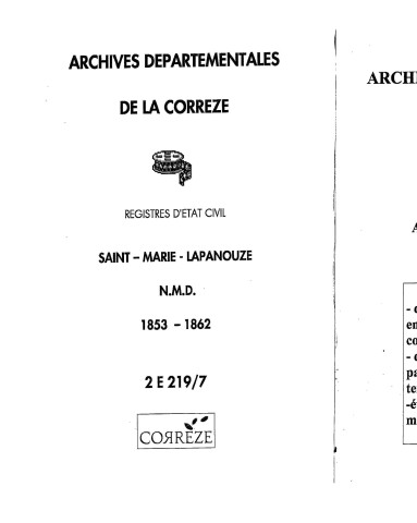 Naissances, mariages, décès (1853-1862)