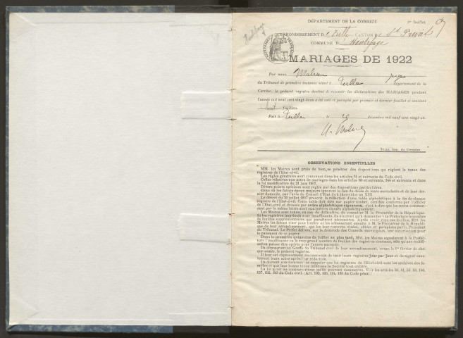 Mariages (1922-1932).