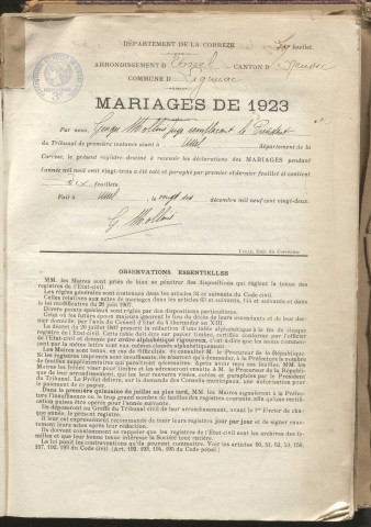 Naissances, mariages, décès (1923-1932).