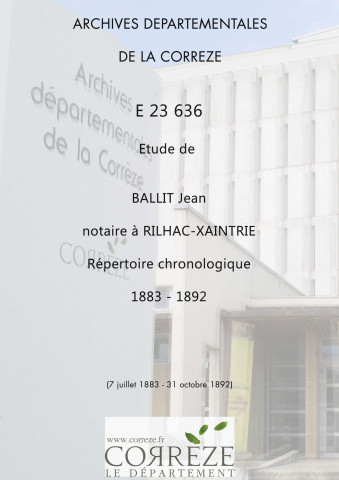 Répertoire chronologique : 7 juillet 1883-31 octobre 1892