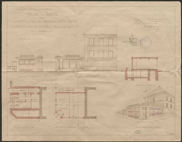Hôtel de ville. Palais de justice. Construction d'un bureau de tourisme et de sanitaires dans le jardin du palais de justice. Salle des fêtes. Hôtel des postes.