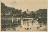 Argentat : "Gorges de la Dordogne - 52. Argentat (Corrèze) - Le Longour - plage du Sablier - tourisme nautique, canotage, baignade, restaurant avec tonnelle, court de tennis".