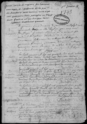 Baptêmes, mariages, sépultures (1743-1752)