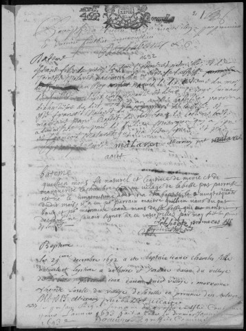 Baptêmes, mariages, sépultures (1692-1697)