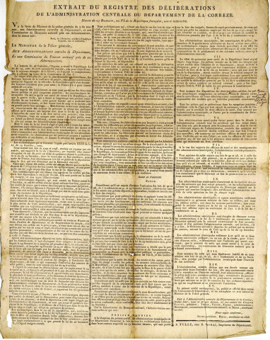 Extrait du registre des délibérations de l'Administration Centrale du département de la Corrèze.