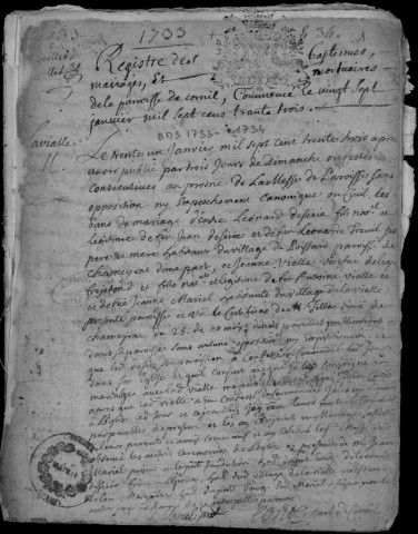 Baptêmes, mariages, sépultures (1733-1752)
