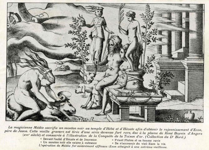 "La magicienne Médée sacrifie un mouton noir au temple d'Hébé et d'Hécate afin d'obtenir le rajeunissement d' Eson, père de Jason".