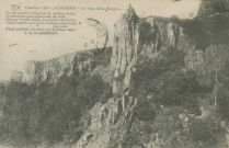 Aubazine : "Corrèze - 233 - Aubazine - Le saut de la Bergère" et poème de J. de Saint-germain (On dit qu'elle revient sur le sombre rocher, La petite bergère en sa robe de toile, Que sur l'arête aiguë, aux lueurs de l'étoile, Subtile comme un rayon, transpoarent comme un voile Flotte parfois, les soirs, son fantôme léger).